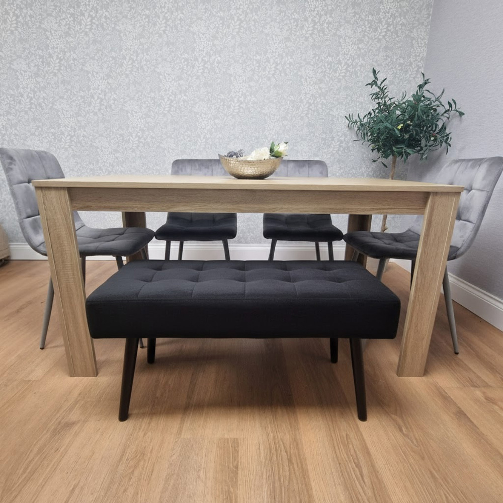 Portland 5 Seater Velvet Wooden Dining Set with Bench Oak Effect Grey and Black Image 4