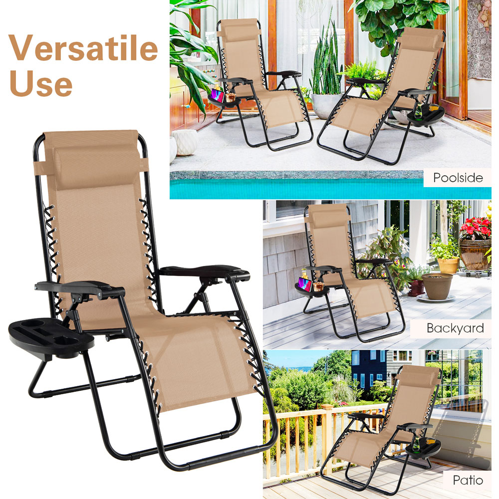 Costway Beige Folding Patio Recliner with Removable Headrest and Cup Holder Image 6