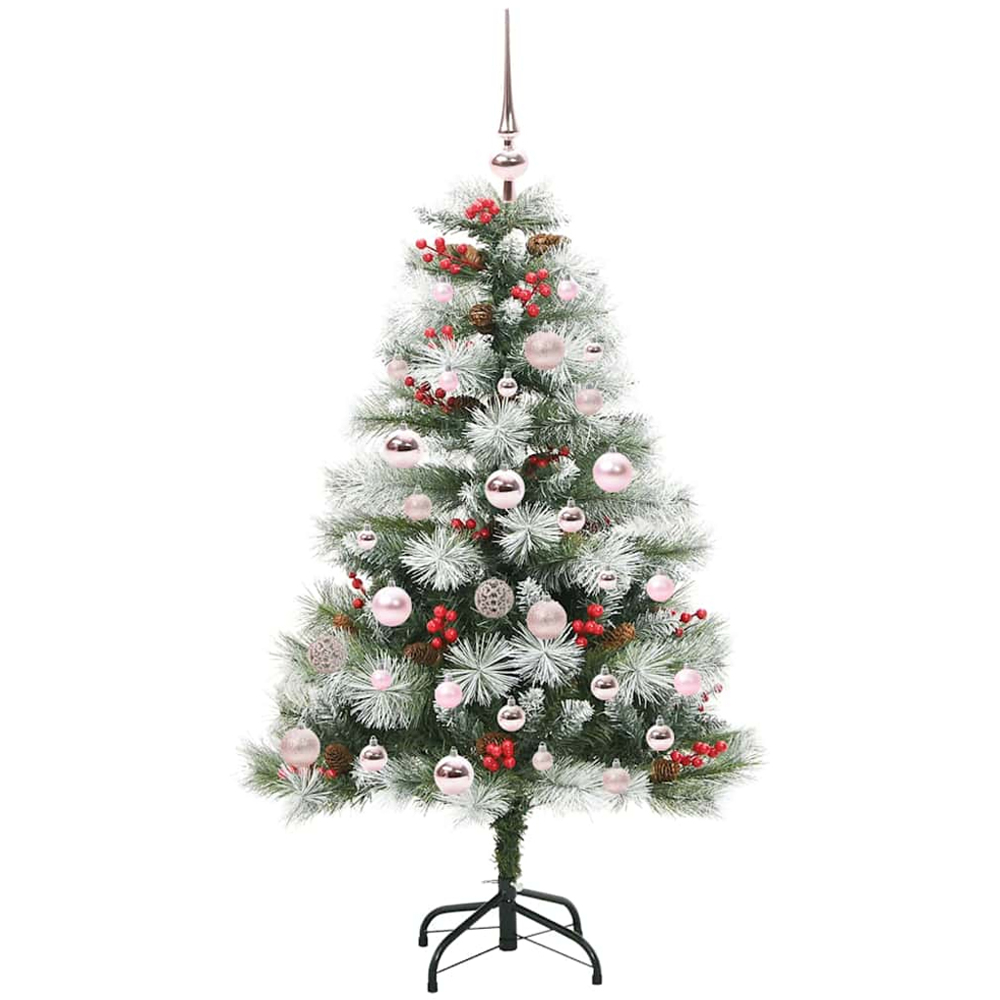 vidaXL Pre-Lit Pink Baubles Green Artificial Snow Flocked Christmas Tree 4ft Image 4