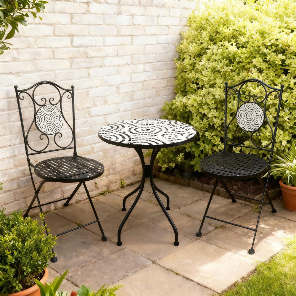 Home Source Carlton 2 Seater Black and White Tiled Top Metal Garden Bistro Set Image 5