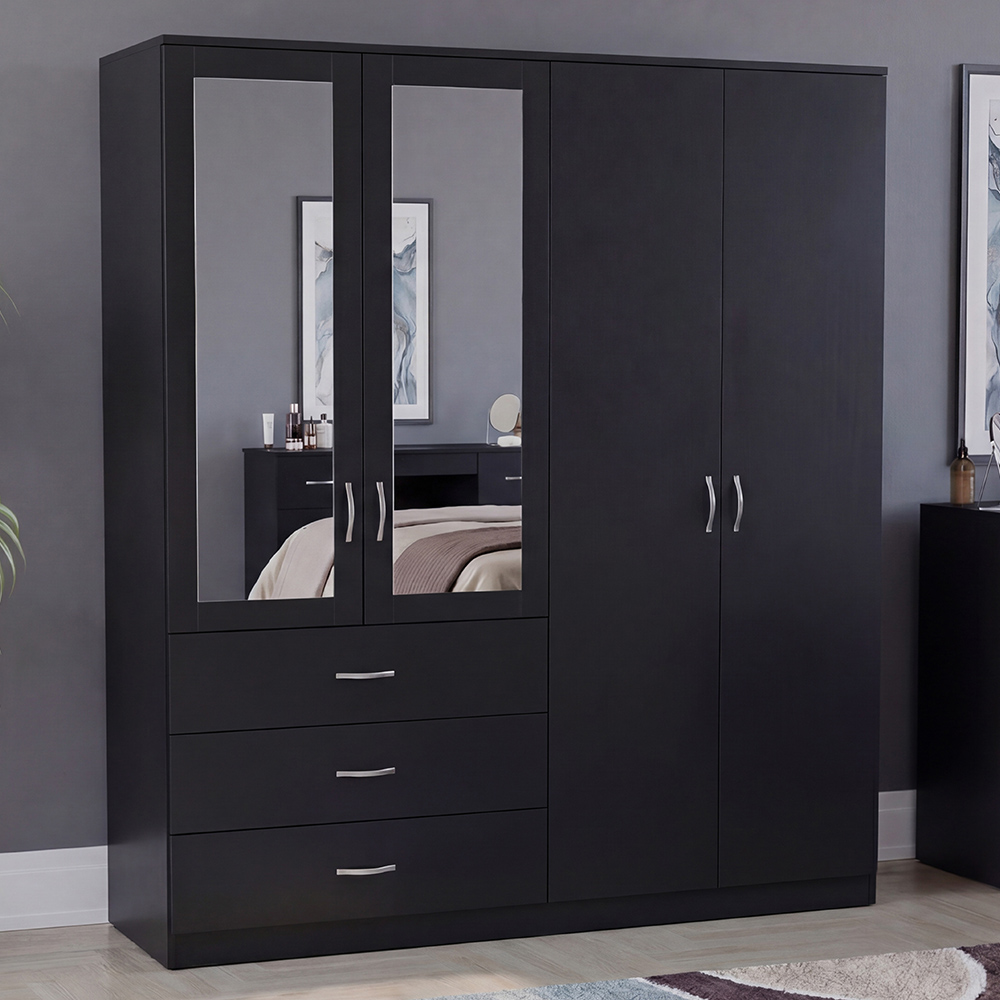 VIDA DESIGNS Riano 4 Door 3 Drawer Black Mirrored Wardrobe Image 1
