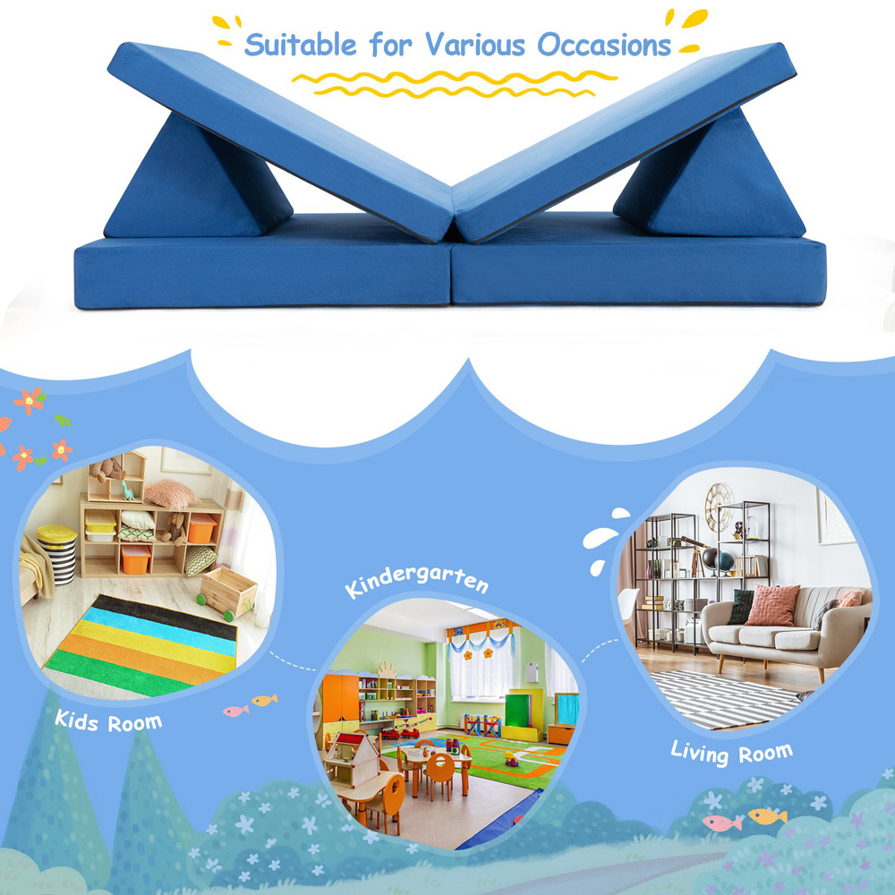 Costway 4 Piece Blue Kids Convertible Sofa Bed Image 6