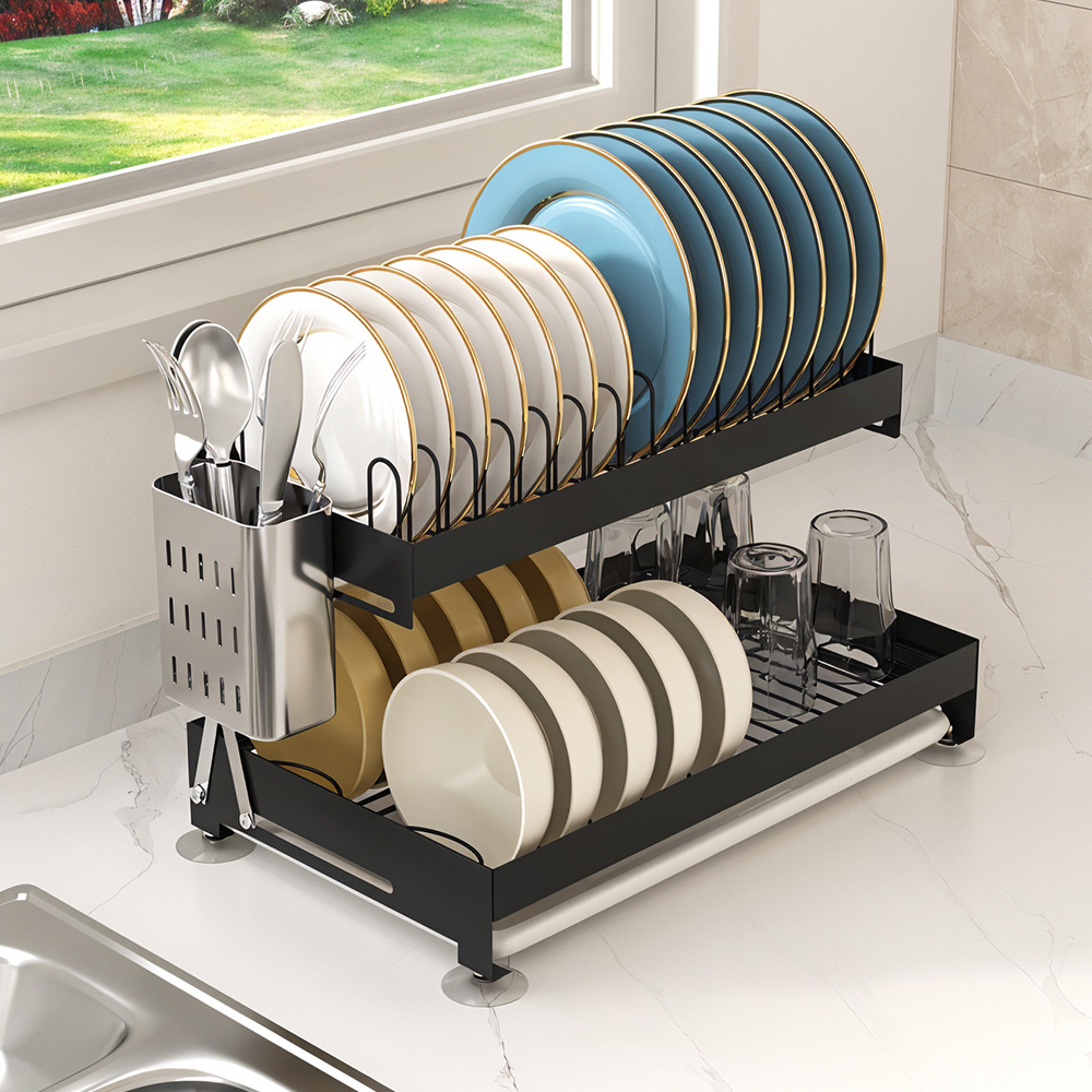 Living and Home 2 Tier Gunmetal Grey Carbon Steel Dish Drainer with Secure Plate Slot Image 7