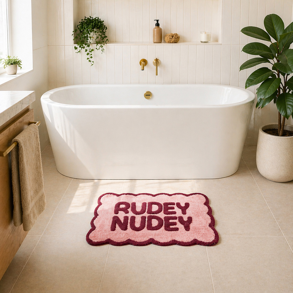 Allure Bath Fashions Burgundy and Pink Rudey Nudey Slogan Scalloped Non-Slip Bath Mat 50 x 80cm Image 6