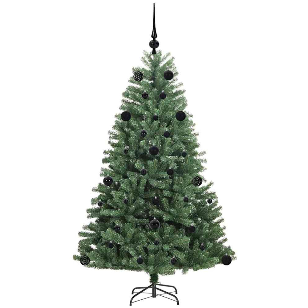 vidaXL Pre-Lit Black Baubles Green Artificial Hinged Christmas Tree 5ft Image 4