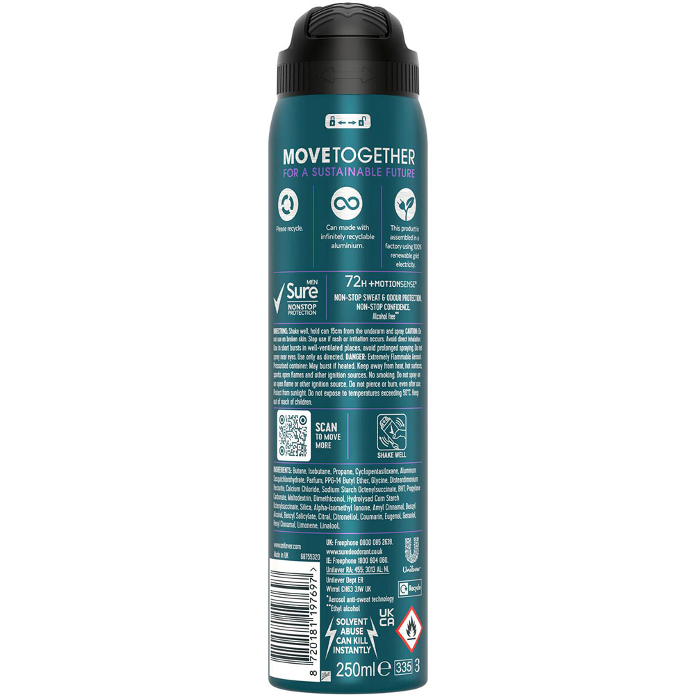 Sure Men 72H Non-Stop Protection Anti-Perspirant Active Dry Deodorant Spray 250ml 24 Pack Image 3