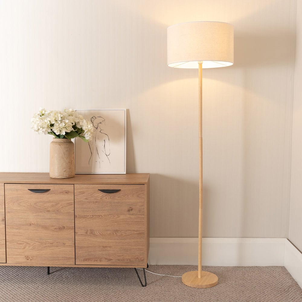 ValueLights Heather Natural White Trim Drum Shade Light Wood Stem LED Floor Lamp Image 2