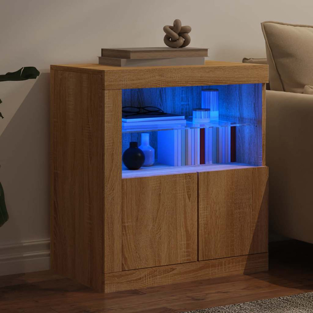 vidaXL 2 Door 2 Shelf Brown Oak LED Sideboard Image 9