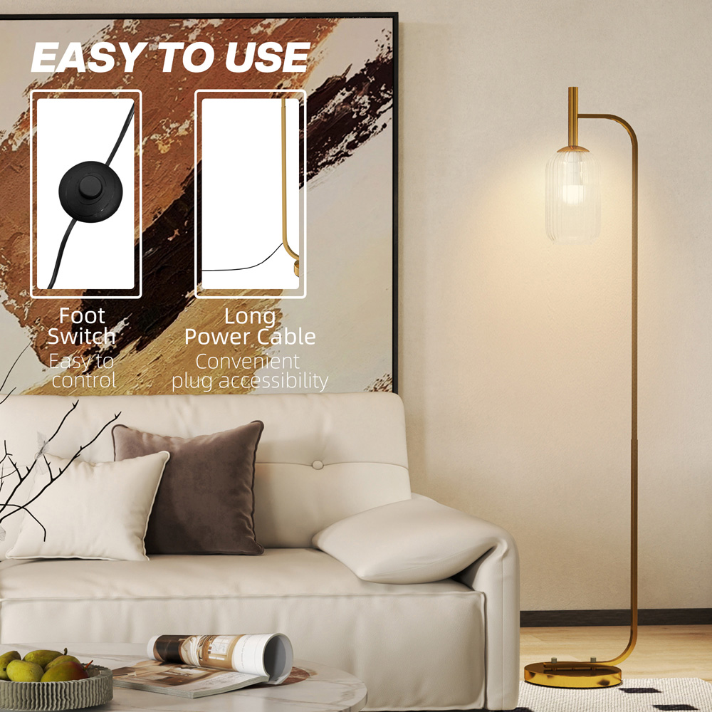 HOMCOM Glass Lampshade Gold Floor Lamp with Foot Switch Image 6