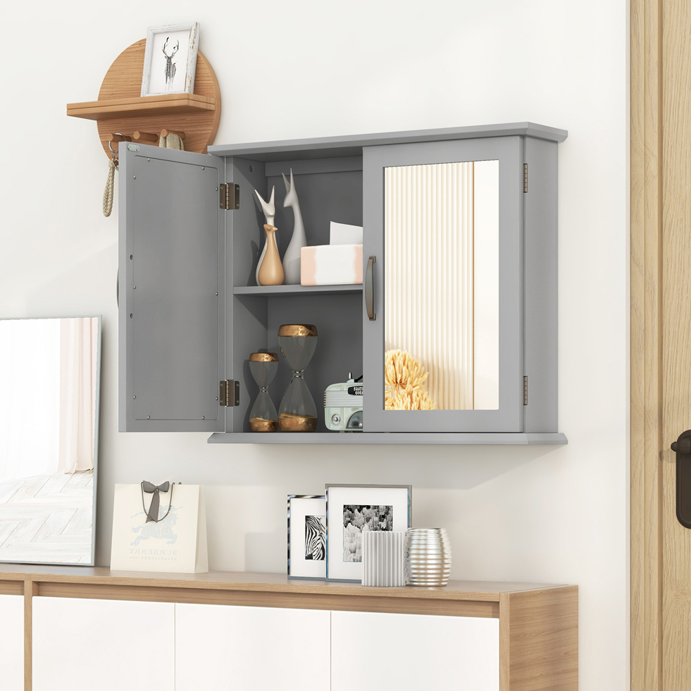 Costway 2 Shelf Grey Wall Mounted Bathroom Cabinet with Mirror Door Image 4