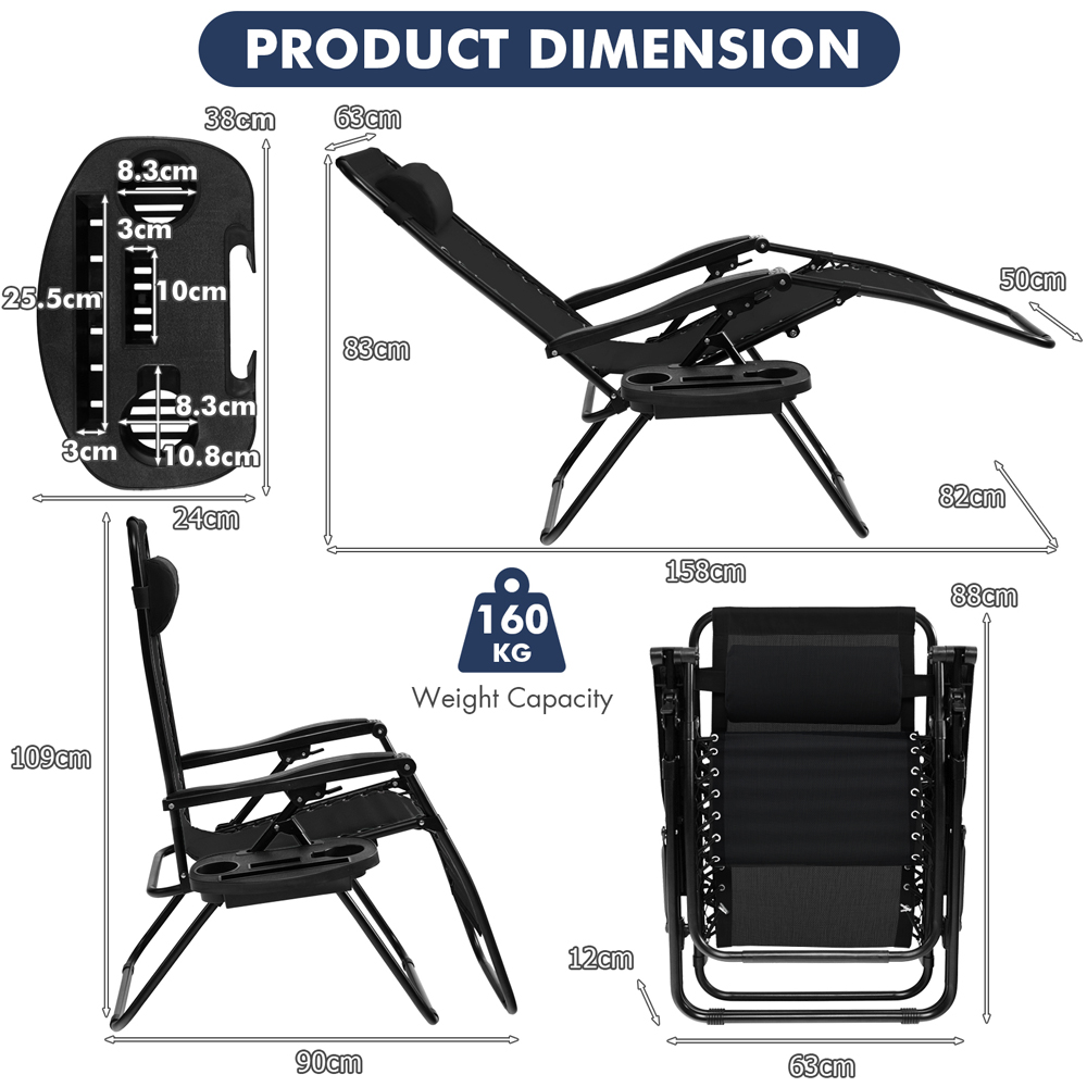 Costway Black Folding Patio Recliner with Removable Headrest and Cup Holder Image 9