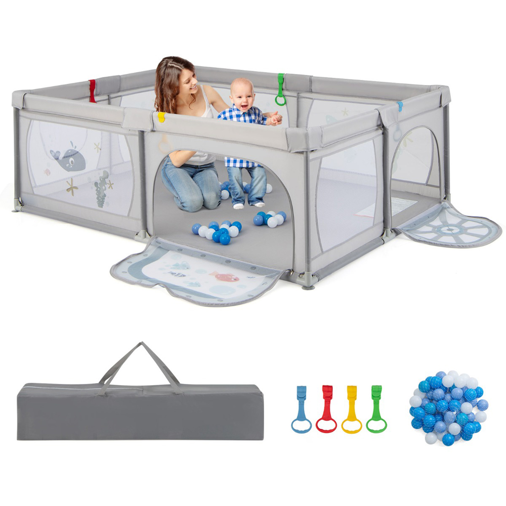 Costway Grey Fishes Baby Playpen with 50 Ocean Balls Image 3