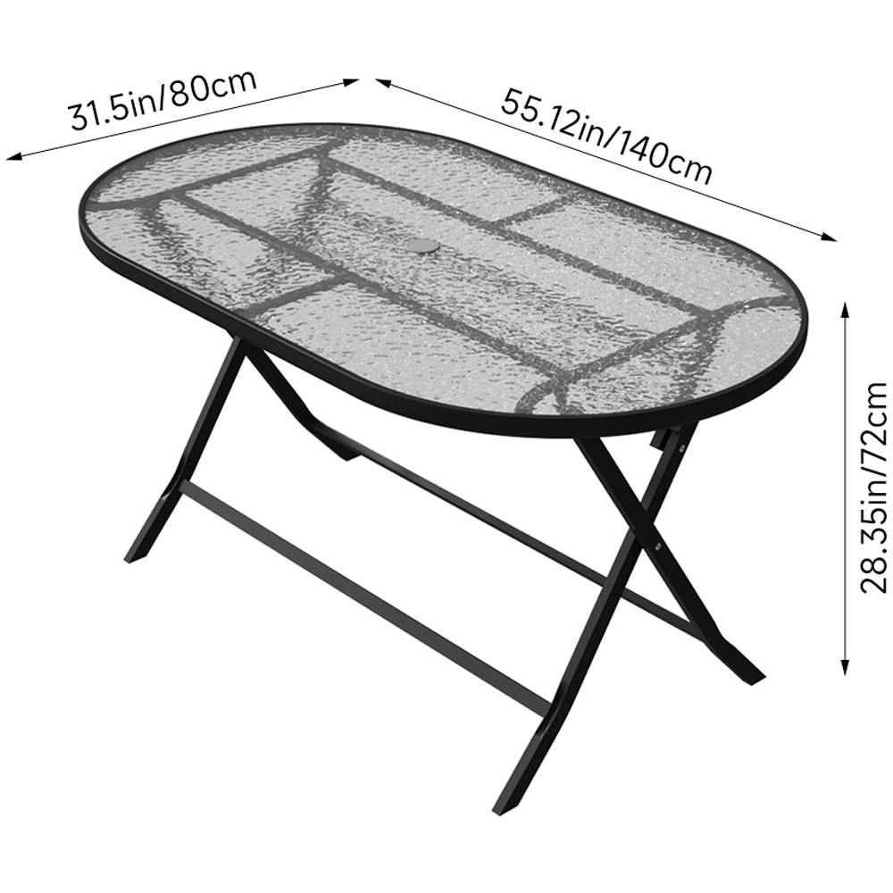 Living and Home Ripple Glass Metal Outdoor Oval Folding Table with Umbrella Hole Image 8