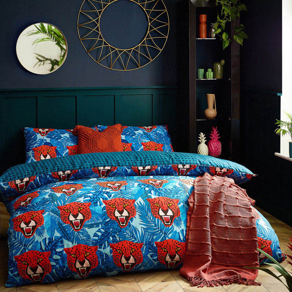furn. Untamed Super King Size Blue Cheetah Botanical Duvet Cover Set Image 1