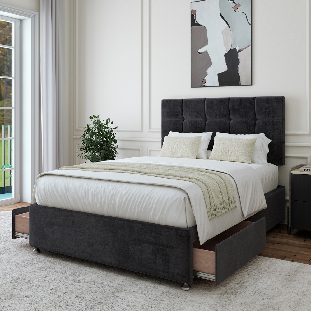 Bedmaster Small Double Black Naples Velvet 2 Drawer Divan Base with Pearl Headboard Image 3