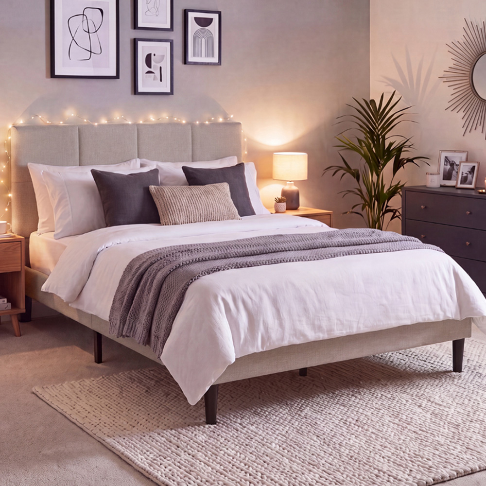 VIDA DESIGNS Velmora Double Beige Linen Fabric Bed Image 1