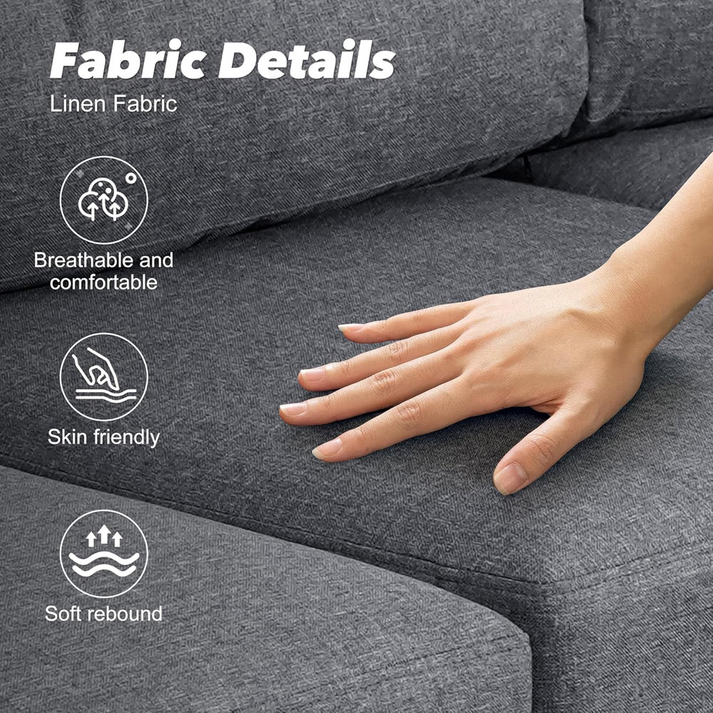 Alivio 4 Seater Grey Linen Fabric Modern L-Shaped Sectional Sofa with Movable Chaise Image 6