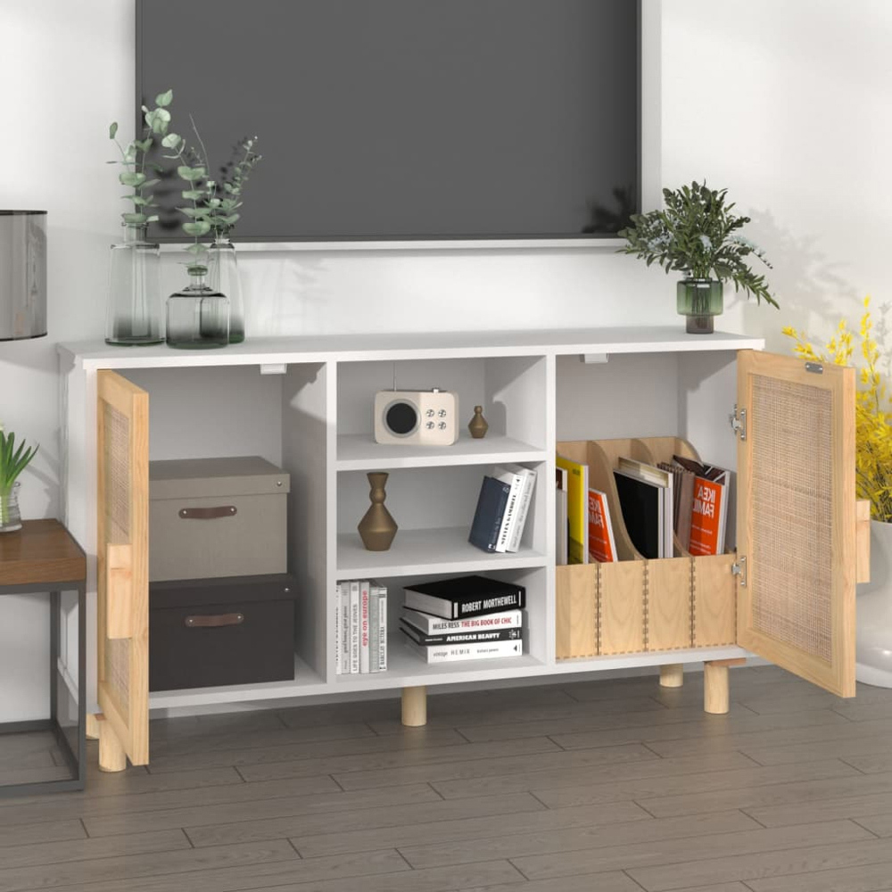 vidaXL 2 Door 3 Shelf White Solid Pine Wood and Natural Rattan Sideboard Image 3