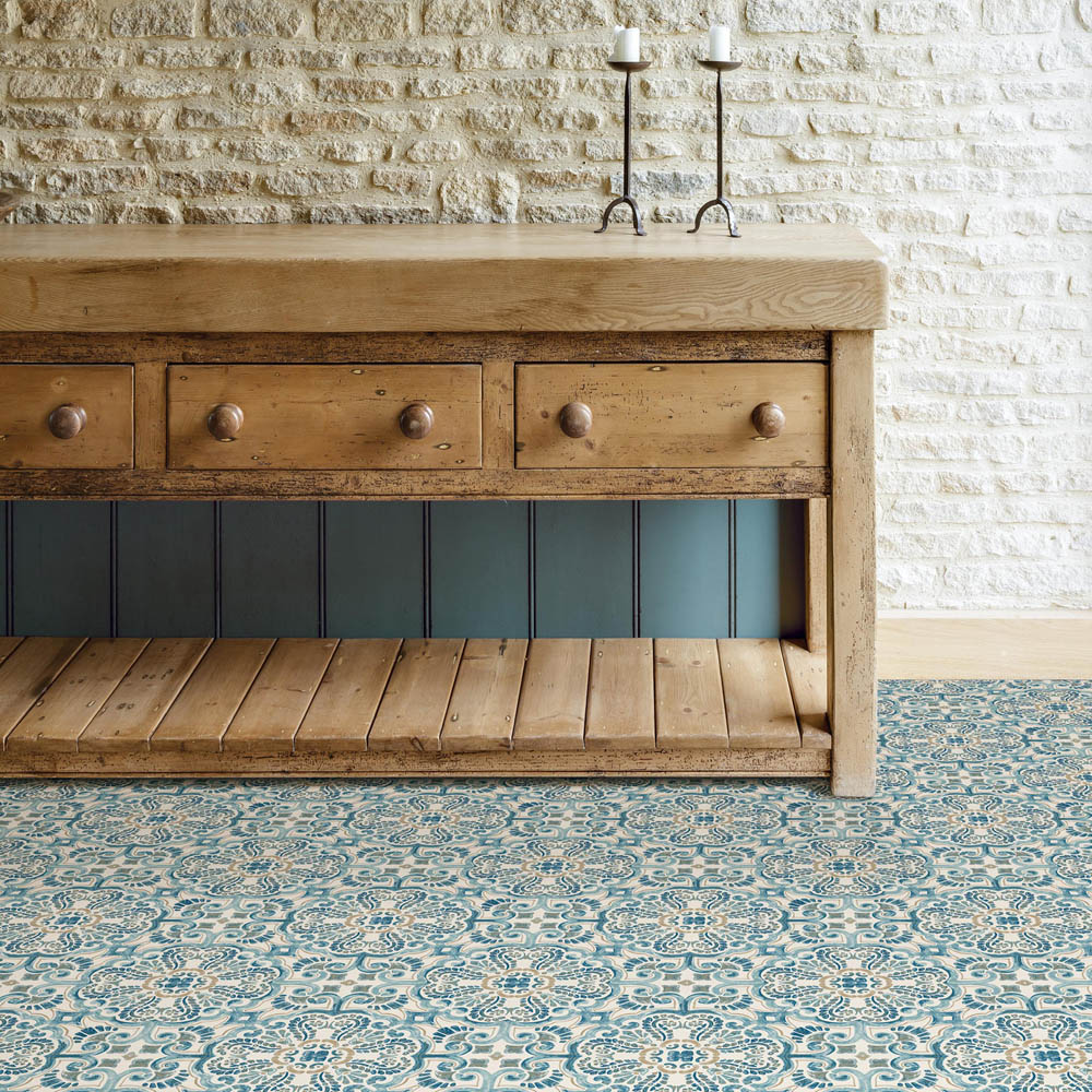 Floorpops Fontaine Blue Tan and White Peel and Stick Floor Tile 30.48 x 30.48cm 10 Pack Image 1