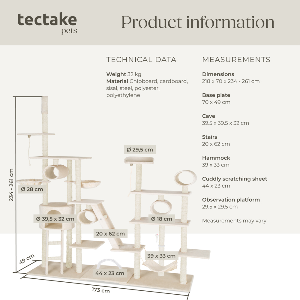 tectake Snooky Beige Cat Tree with Scratching Post 261cm Image 9