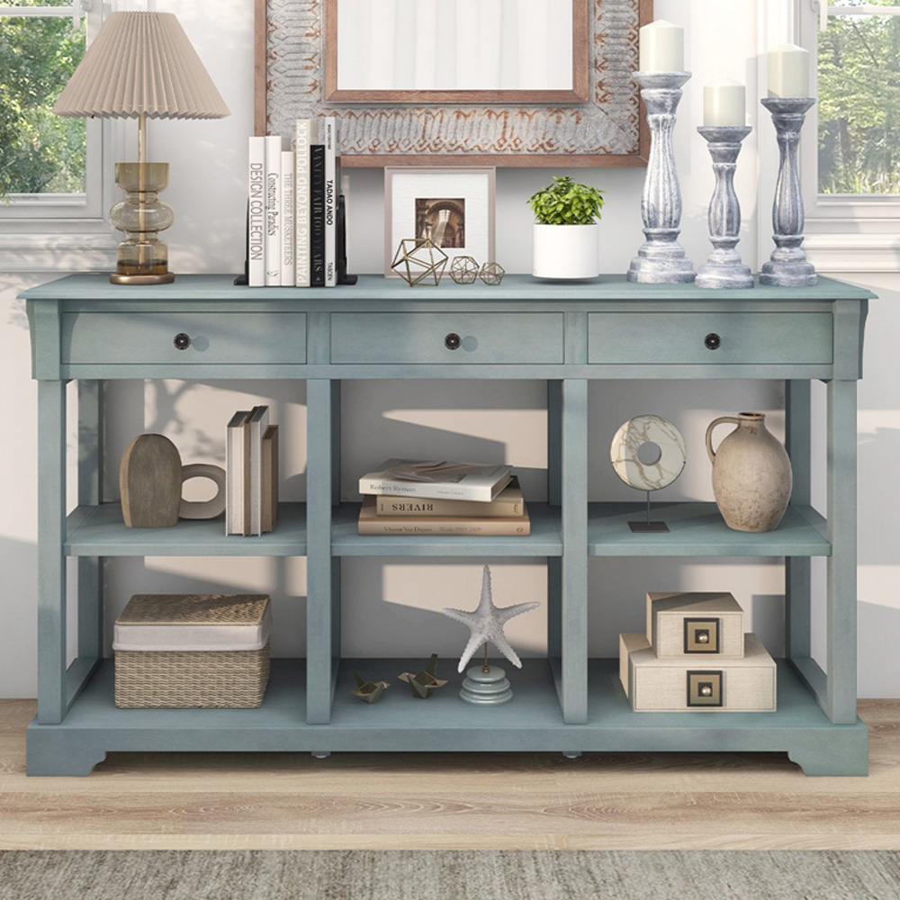 Costway 3 Drawer Open Shelf Blue Retro Console Table Image 1