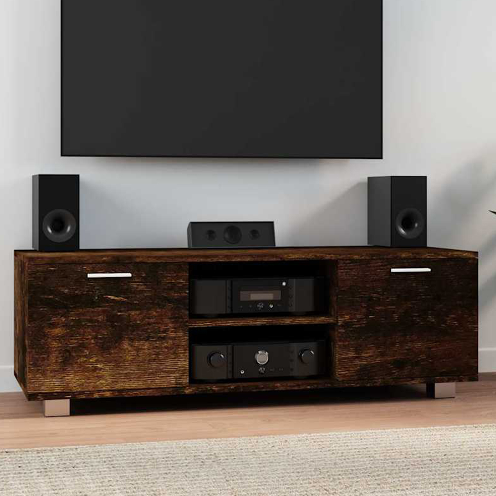 vidaXL 2 Door 2 Shelf Smoked Oak TV Cabinet with Cable Holes Image 1