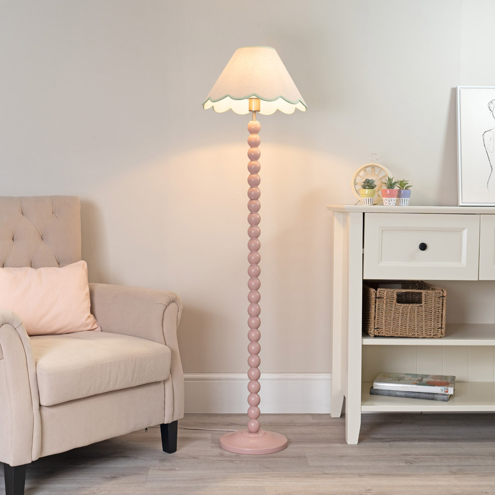 ValueLights Bobbins Green Scallop Shade Rose Pink LED Floor Lamp Image 2