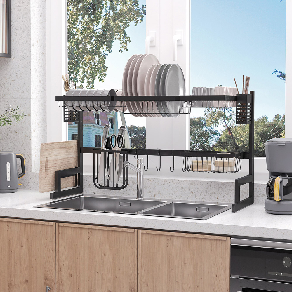 HOMCOM 2 Tier Black Over The Sink Dish Drainer Rack 93cm Image 2