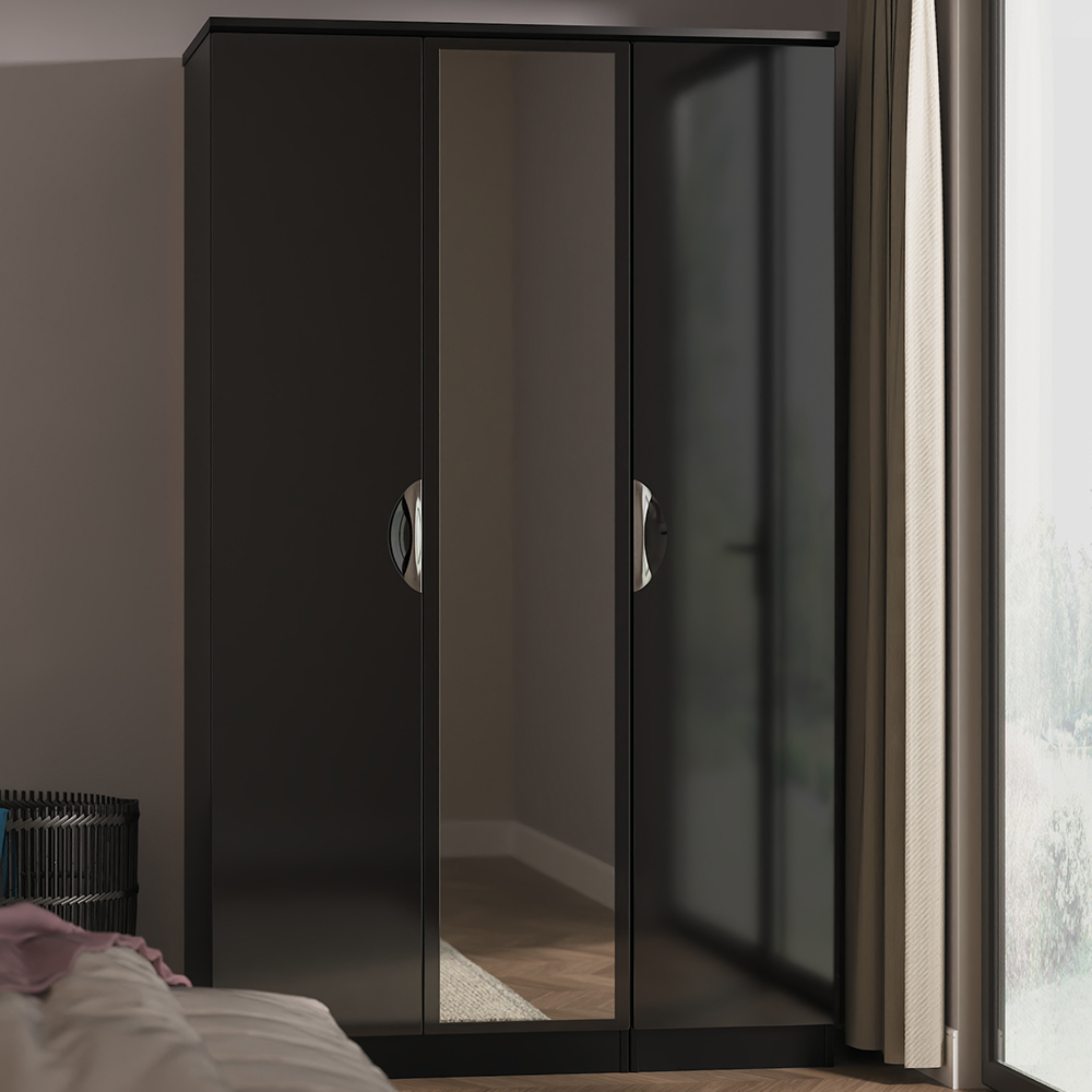 Crowndale Camden 3 Door Black Gloss and Black Mirrored Wardrobe Ready Assembled Image 1