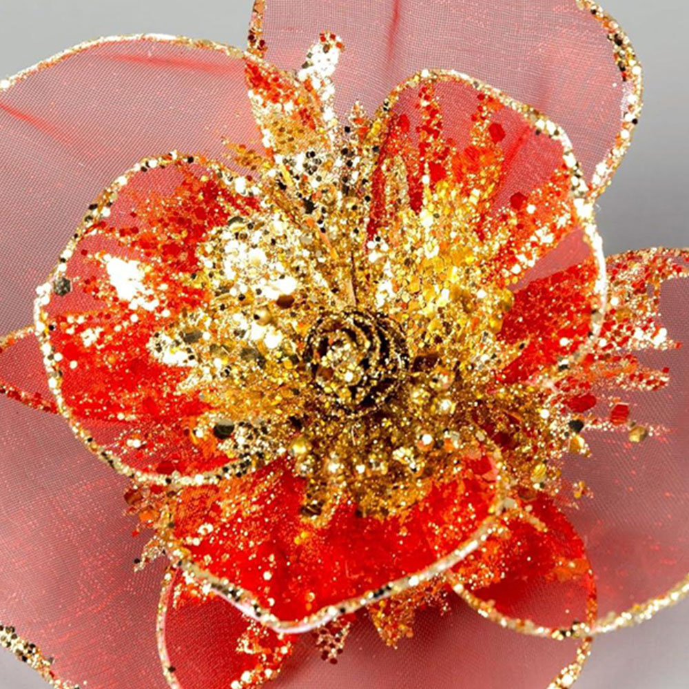 Shatchi Red and Gold Glitter Net Poinsettia Artificial Flower 6 Pack Image 3