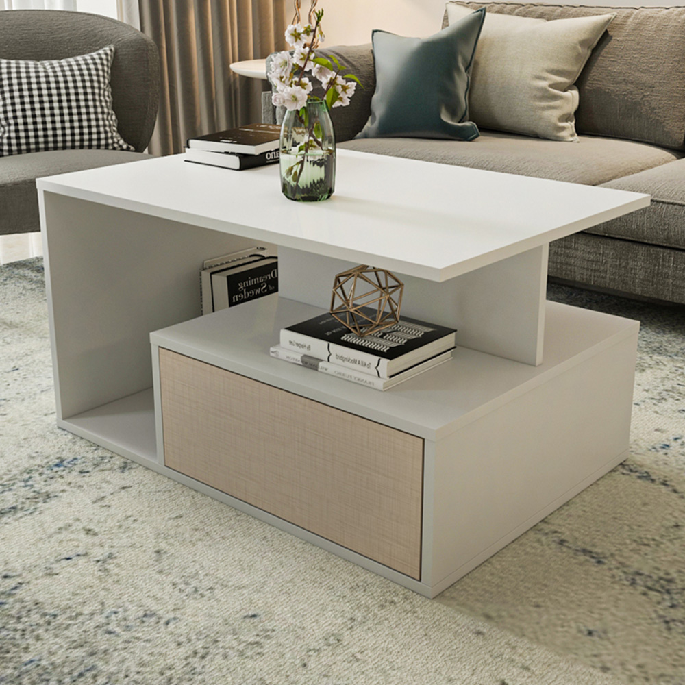 Decorotika Mana White and Beige Coffee Table with Shelf and Cabinet Image 1