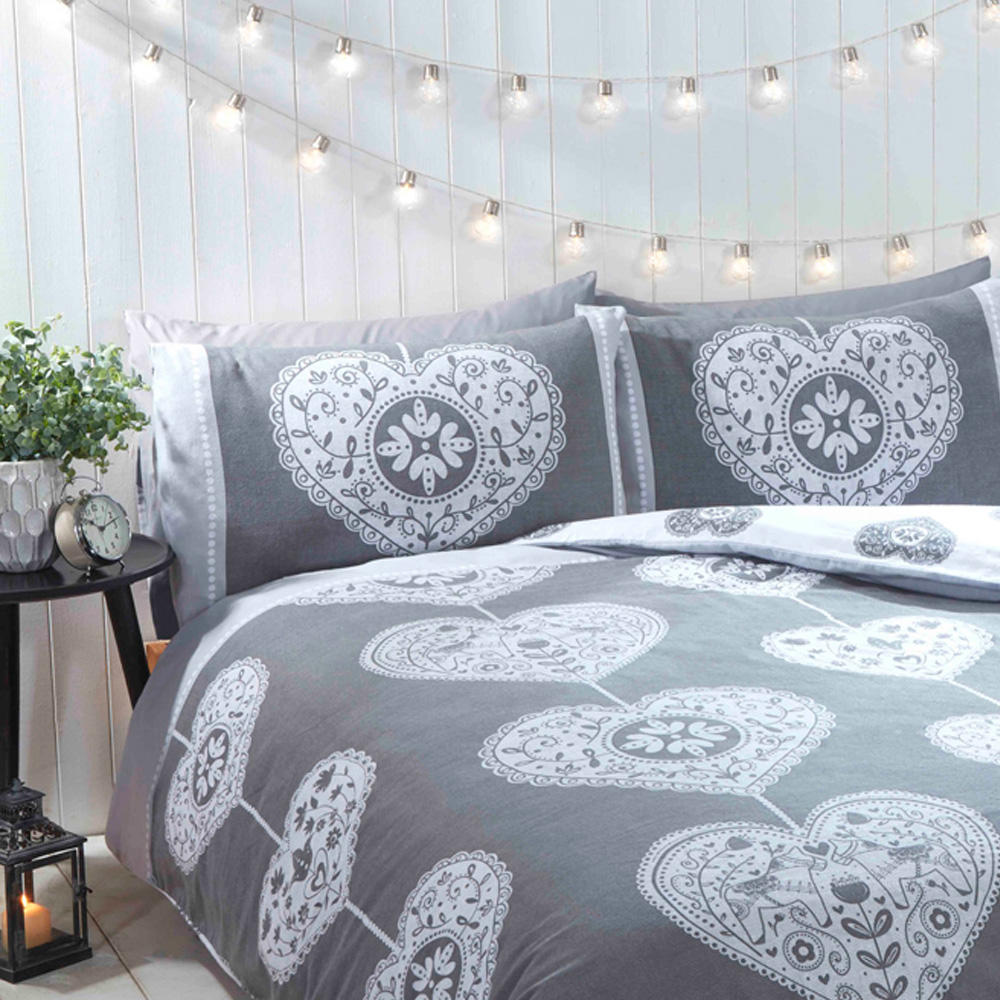 Rapport Home Scandi Heart Single Grey Brushed Cotton Reversible Duvet Set Image 2