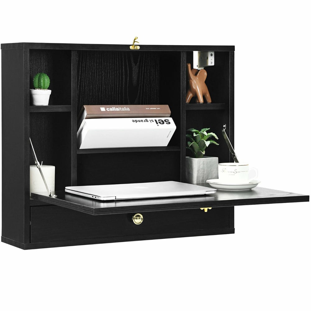 Costway Black Wall Mounted Wooden Cabinet Image 2