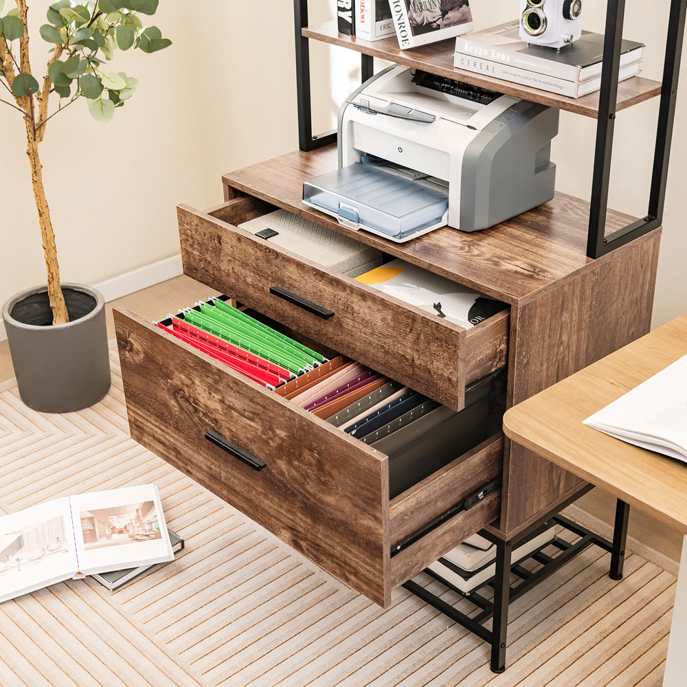 Costway 4 Shelf 2 Drawer Rustic Brown Freestanding Printer Stand Image 4
