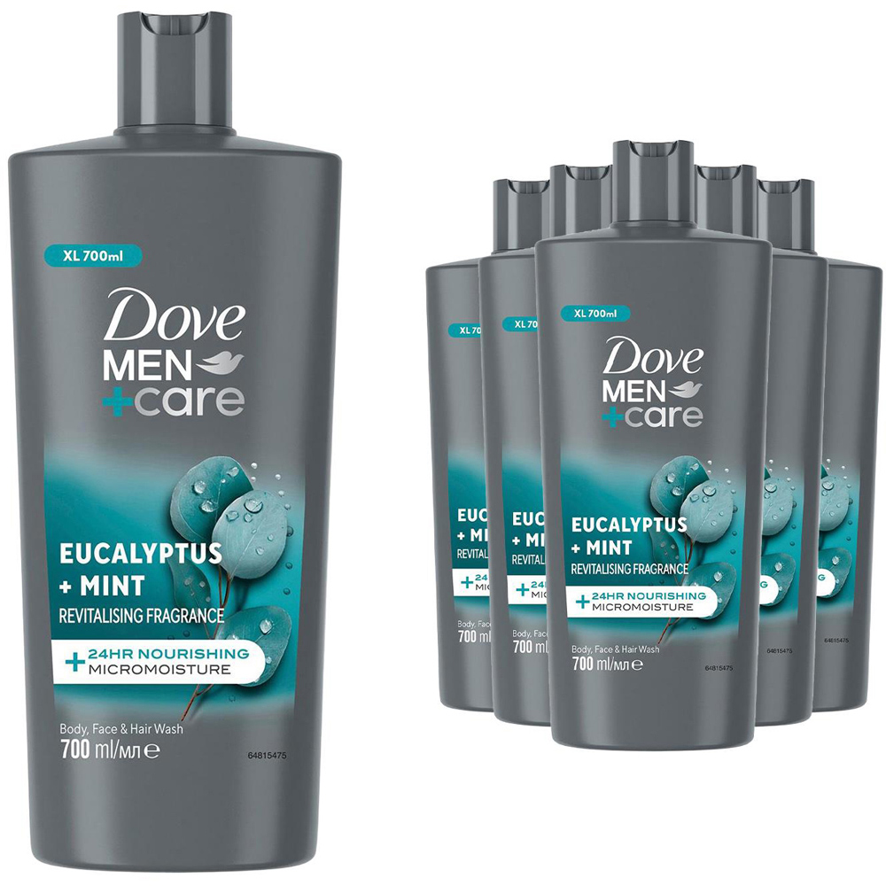 Dove Men+ Care 3-in-1 Eucalyptus and Mint Hair Face and Body Wash 700ml 6 Pack Image 1