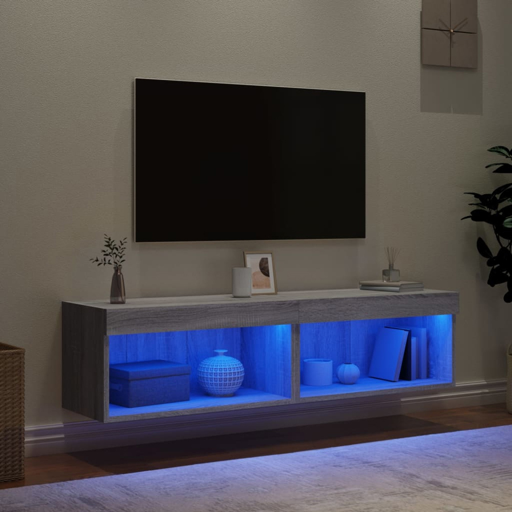 vidaXL Single Shelf Grey Sonoma Wall Mounted TV Cabinet with LED Lights Set of 2 Image 8