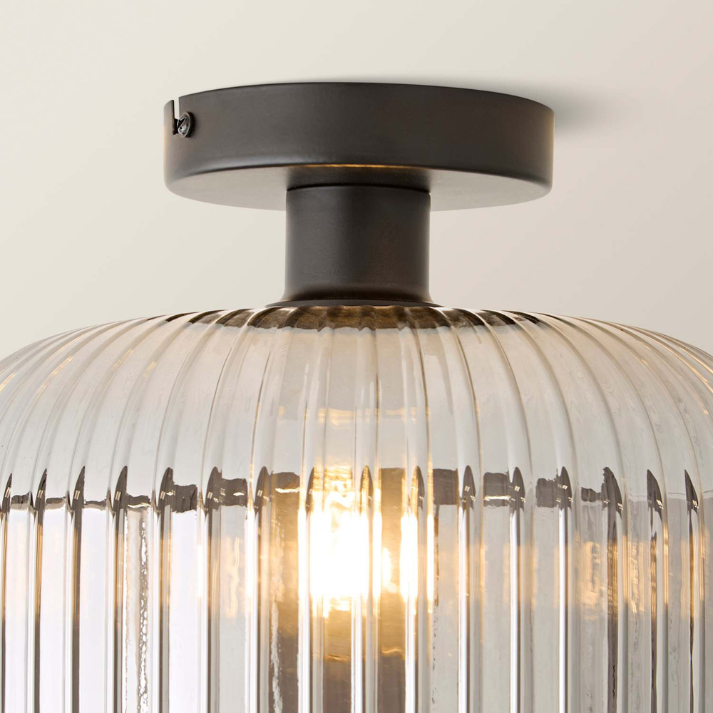 ValueLights Calpe Ribbed Smoked Glass Shade Matte Black Flush Ceiling Light with Bulb Image 3