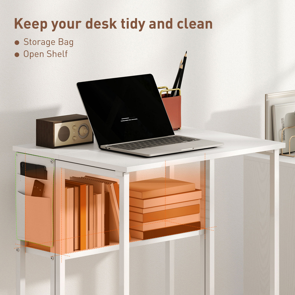 HOMCOM Single Shelf Foldable Computer Desk with Wheels and Side Bag White Image 5