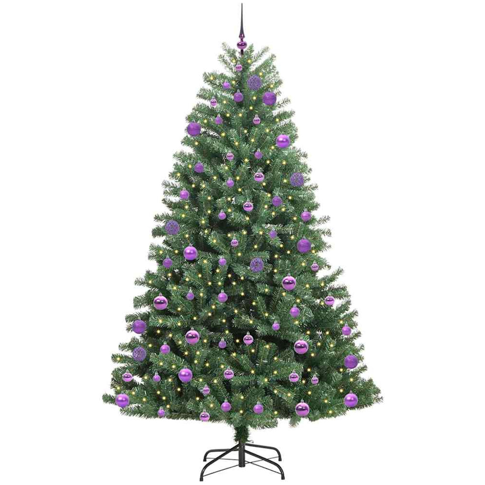 vidaXL Pre-Lit Lilac Baubles Green Artificial Hinged Christmas Tree 8ft Image 1