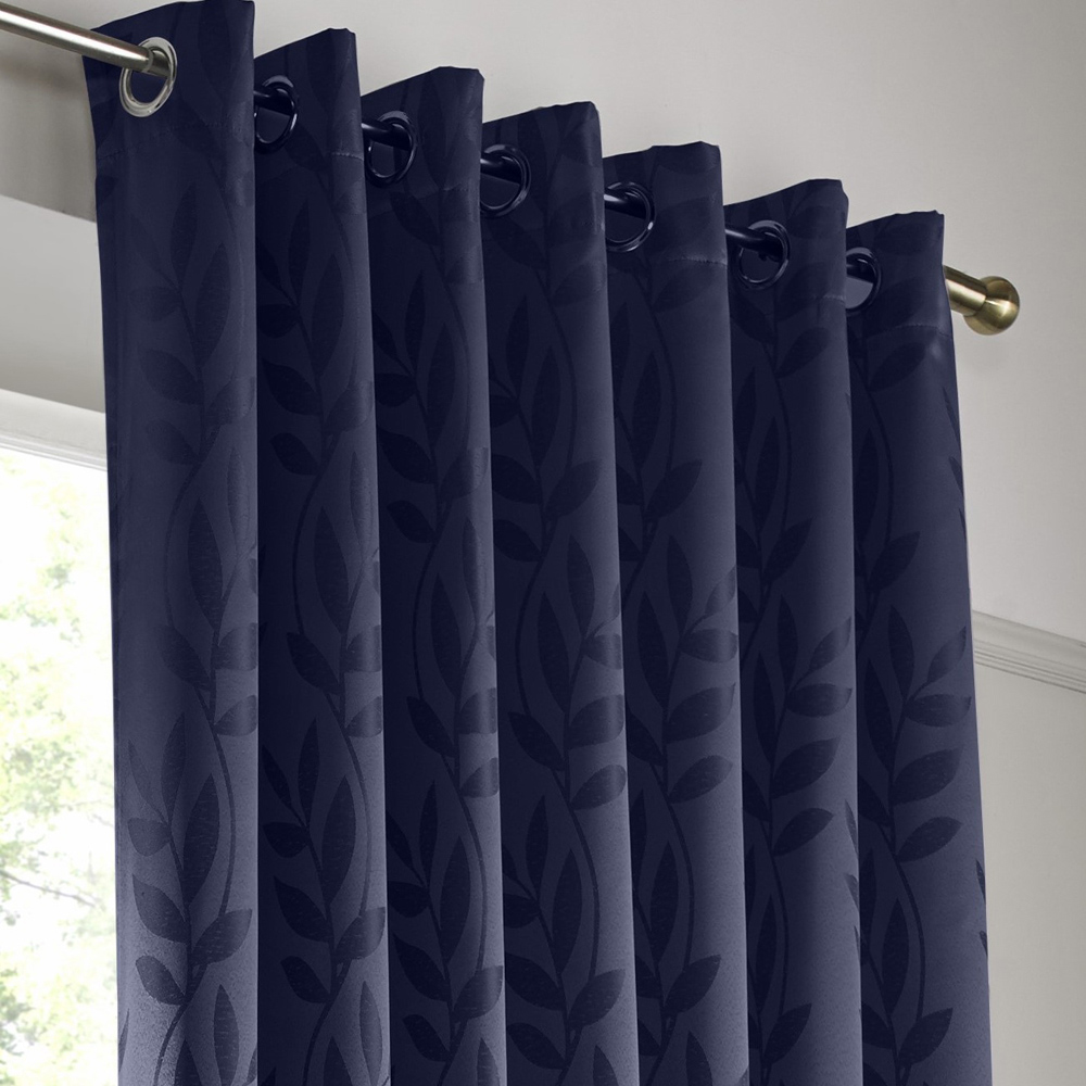 Alan Symonds Dupion Navy Blue Leaf Jacquard Ring Top Eyelet Curtains 168 x 229cm Image 2