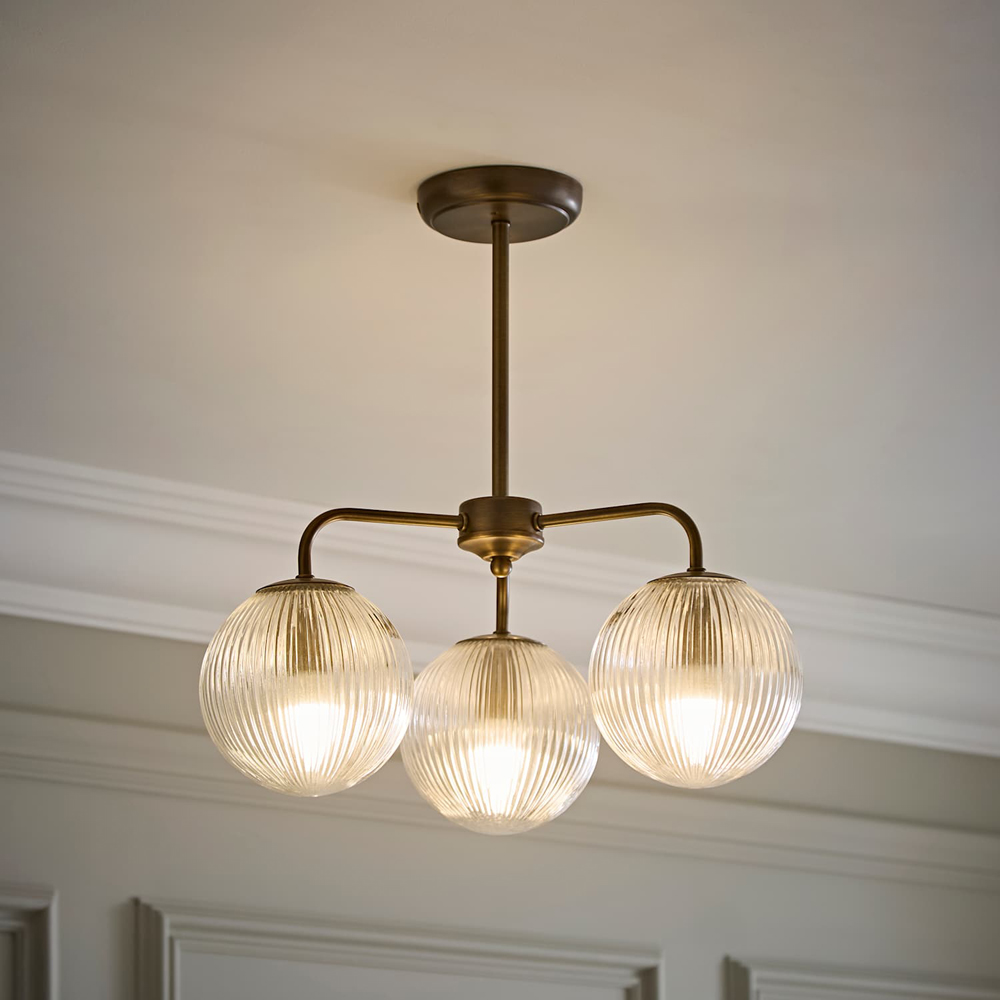 ValueLights Kempton 3 Arm Glass Globe Shade Brass Chandelier with Bulb Image 6