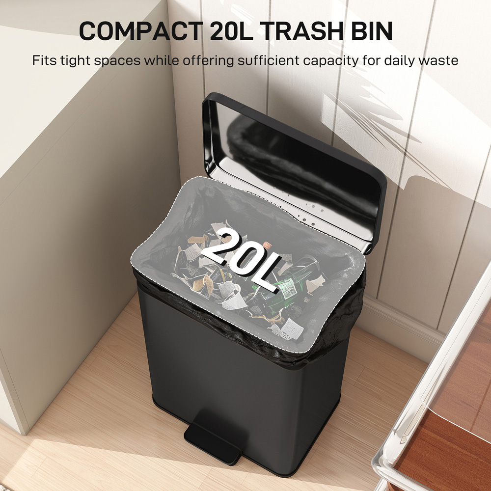 HOMCOM Matt Black Kitchen Pedal Bin with Soft-Close Lid 20L Image 4