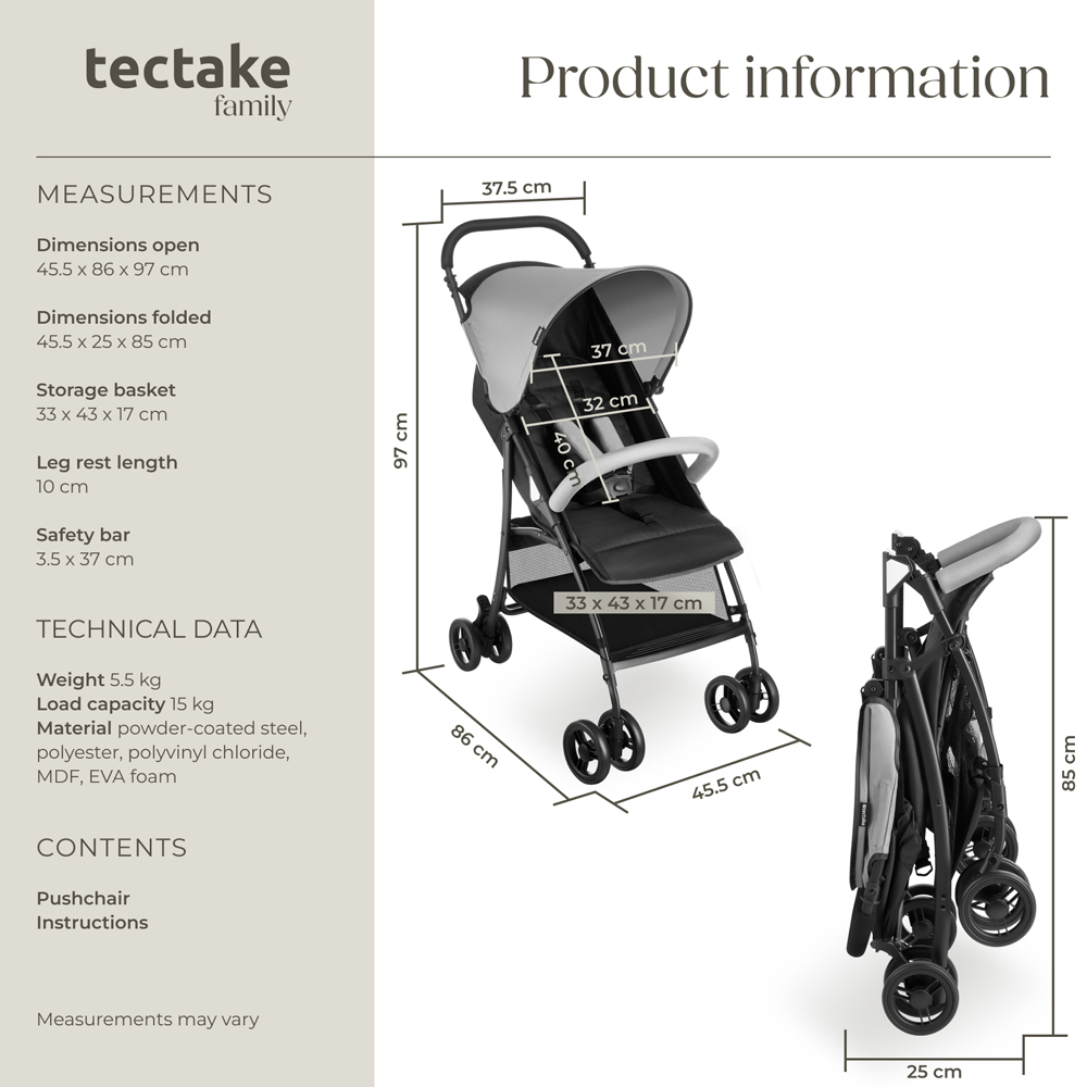 tectake Emma Black and Grey Foldable Pushchair with 5 Point Harness Canopy and Storage Image 9