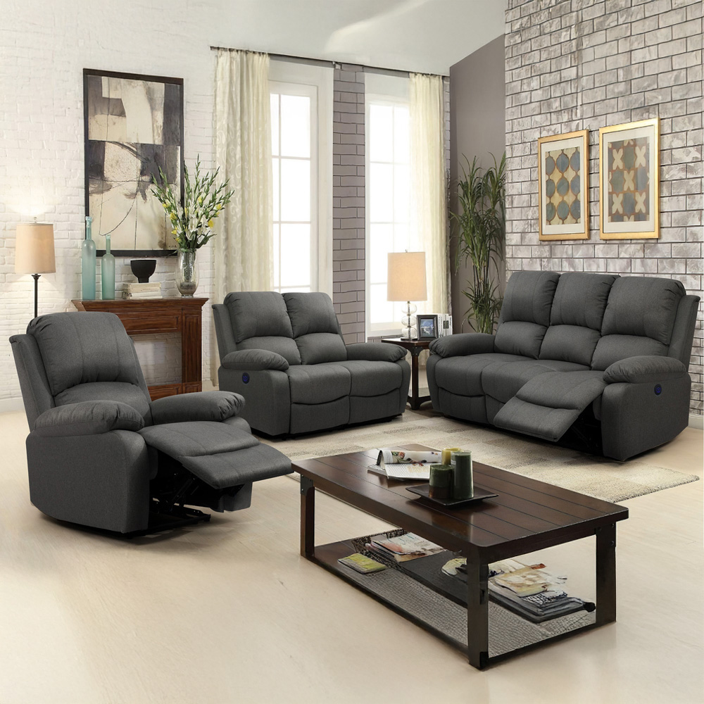 Comfy Living 6 Seater Dark Grey Linen Electric Recliner Sofa Set Image 1