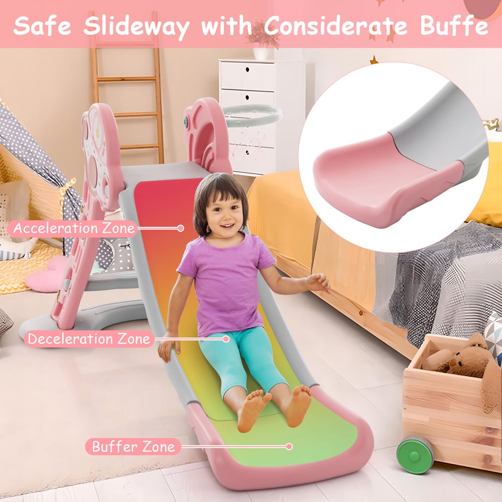 Costway 3 in 1 Pink Kids Indoor Slide with Basketball Hoop Image 5