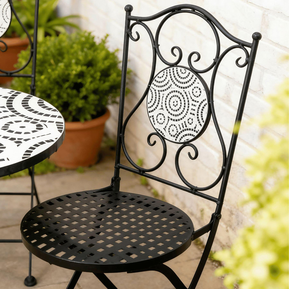 Home Source Carlton 2 Seater Black and White Tiled Top Metal Garden Bistro Set Image 3