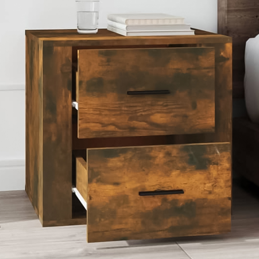 vidaXL 2 Drawer Smoked Oak Wooden Bedside Cabinet Image 1
