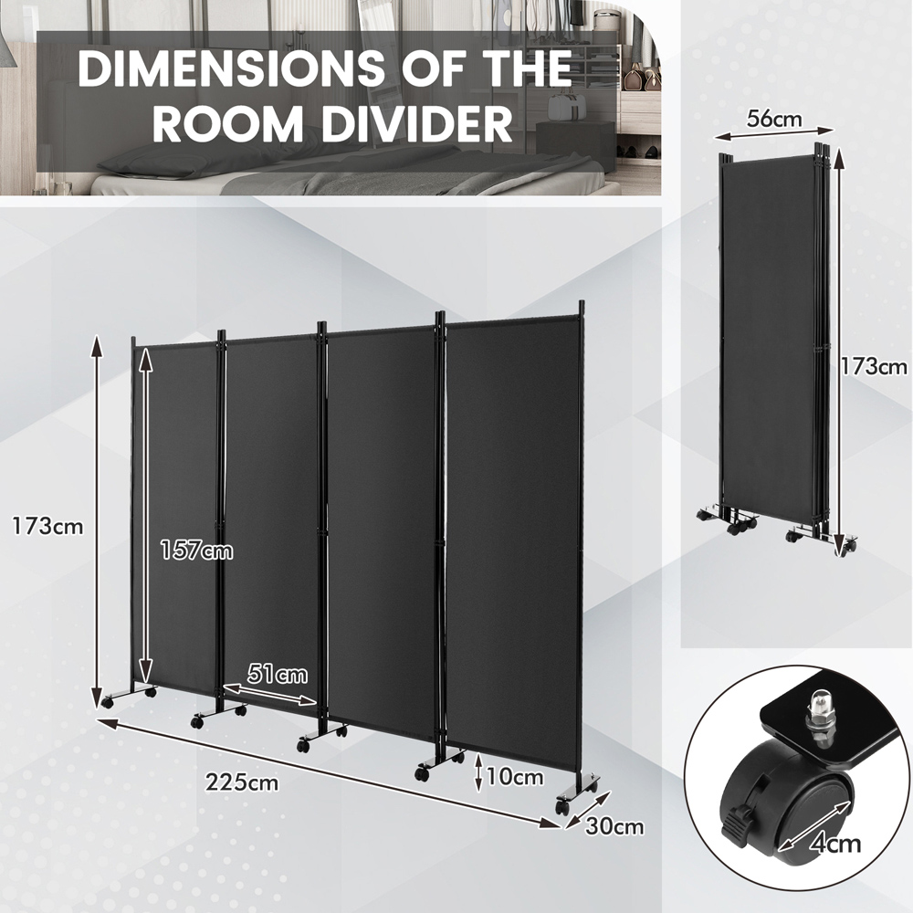 Costway 4 Panel Grey Folding Room Divider with Wheels Image 9