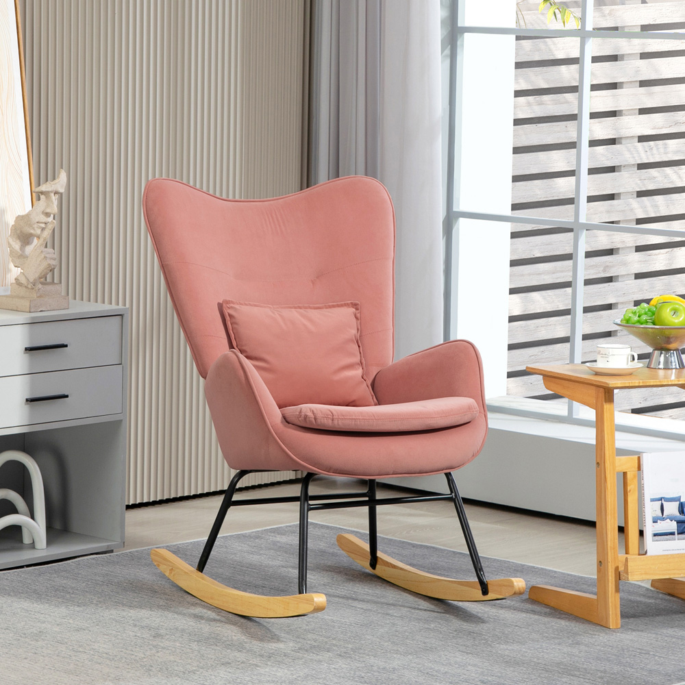 HOMCOM Pink Velvet Rocking Chair with Lumbar Pillow Image 4