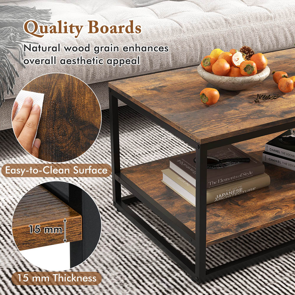 Costway Single Shelf Rustic Brown Industrial Wood Accent Coffee Table Image 6